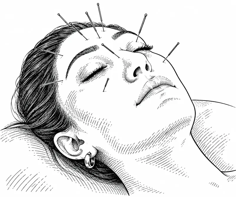 Illustration of fine acupuncture needles placed along the forehead and cheek of a patient resting during cosmetic acupuncture.