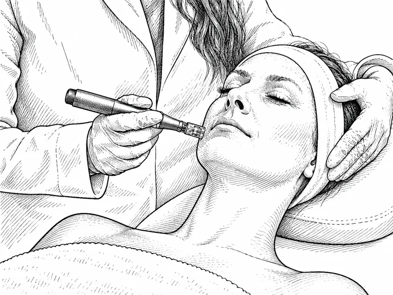 Illustration of a practitioner using a microneedling pen along a patient's jawline.