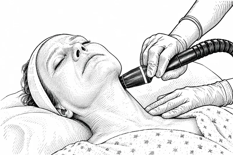 Illustration of a practitioner guiding an RF microneedling handpiece along a patient's jaw and neck.